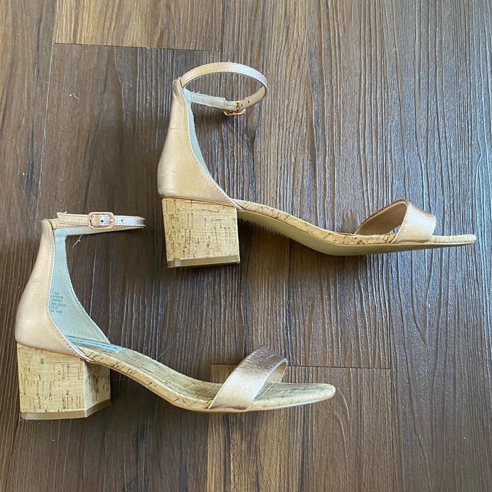 Steve Madden Irene real leather rose gold tan chunky cork heeled sandals